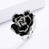 Elegant Unique Black Flower Handmade Enamel AAA Zircon Diamonds Ring