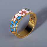 Handmade 925 Silver Exquisite Elegant Flower Enamel Pink Blue Silver Rings