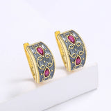 Exquisite Gold Inlaid AAA Red Zircon Crystal Handmade Enamel Two-tone Earrings