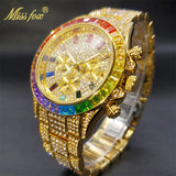 Luxury Gold Stainless Steel Iced Bracelet Purple CZ Diamonds 3 Dial Watches