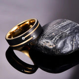 New Arrival Inlaid with 2 Zircons 8mm Black Tungsten Steel Ring with Two Gold Grooves - Popular Mens Jewellery