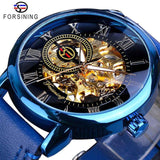 NEW  Luxury Brand3d Logo Design Hollow Engraving Black Gold Case Leather Skeleton Mechanical Watches - The Jewellery Supermarket