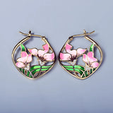 Classic Silver Handmade Enamel Epoxy Pink Flower Zircon Diamonds Earrings