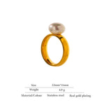 18K Gold Plated  Fashion Stainless Steel Geometric Elegant Shell Pearl Ring Charm Jewellery