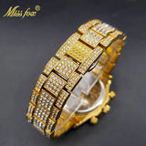 Luxury Gold Stainless Steel Iced Bracelet Purple CZ Diamonds 3 Dial Watches