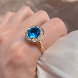 New Fashion Ethnic Hollow Flower Design Rolled 14K Rose Gold Big Blue AAA Zircon Diamonds Ring - Fine Jewellery