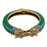 Unique Design Trendy Double Leopard Head Enamel Statement Cuff Bracelets Bangles, Gold Plated Animal Vintage Bracelet