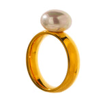 18K Gold Plated  Fashion Stainless Steel Geometric Elegant Shell Pearl Ring Charm Jewellery