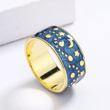 Charming Creative Night Star Moon Handmade Enamel Simple Silver 18KGP Ring