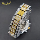 Luxury Gold Stainless Steel Iced Bracelet Purple CZ Diamonds 3 Dial Watches