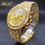 Luxury Gold Stainless Steel Iced Bracelet Purple CZ Diamonds 3 Dial Watches