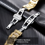 Luxury Gold Stainless Steel Iced Bracelet Purple CZ Diamonds 3 Dial Watches