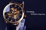 NEW  Luxury Brand3d Logo Design Hollow Engraving Black Gold Case Leather Skeleton Mechanical Watches - The Jewellery Supermarket