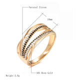 New Luxury 14K Rolled Rose Gold Ring With Black AAA Zircon Diamonds Fashion Geometric Line Cross Ring