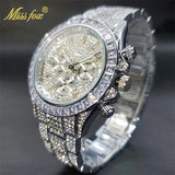 Luxury Gold Stainless Steel Iced Bracelet Purple CZ Diamonds 3 Dial Watches