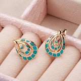 14K Gold Filled Geometric Blue, Red Plaid Paint Enamel Drop Circle Fashion Earrings