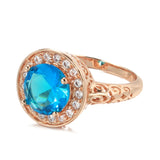 New Fashion Ethnic Hollow Flower Design Rolled 14K Rose Gold Big Blue AAA Zircon Diamonds Ring - Fine Jewellery