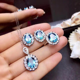 New Luxury Silver Colour Lab Blue Topaz  Stone Necklaces Earrings Rings for Women Bridal Wedding Jewellery Sets - The Jewellery Supermarket