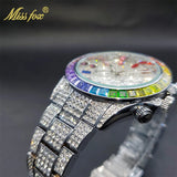 Luxury Gold Stainless Steel Iced Bracelet Purple CZ Diamonds 3 Dial Watches