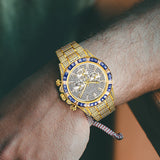 Luxury Gold Stainless Steel Iced Bracelet Purple CZ Diamonds 3 Dial Watches