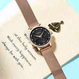 New Elegant Quartz Ladies Watches Stainless Steel Mesh Casual Waterproof Wrist Watches with 1 Set Bracelet