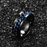 New Men's 8mm Tungsten Carbide Ring Black Tungsten Steel Ring with Blue Rotatable Inlaid Chain - The Jewellery Supermarket