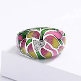 Ethnic Style Flower Handmade Enamel Inlaid AAA Zircon Diamonds Luxury Ring