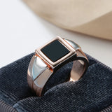 14K Rolled Gold Simple Square Black AAA Zircon Stone Unisex Ring Fine Jewellery