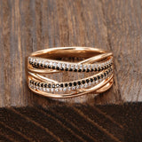 New Luxury 14K Rolled Rose Gold Ring With Black AAA Zircon Diamonds Fashion Geometric Line Cross Ring