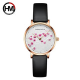 New Design Elegant Red Plum Blossom Dial Female Watch - Quartz Movement Genuine Leather Band  Ladies Wristwatches