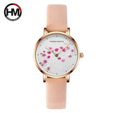 New Design Elegant Red Plum Blossom Dial Female Watch - Quartz Movement Genuine Leather Band  Ladies Wristwatches