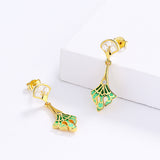 Fashion Inlaid Pearl Long Green Handmade Enamel Tassel 925 Silver Earrings