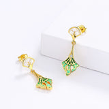 Fashion Inlaid Pearl Long Green Handmade Enamel Tassel 925 Silver Earrings