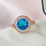 New Fashion Ethnic Hollow Flower Design Rolled 14K Rose Gold Big Blue AAA Zircon Diamonds Ring - Fine Jewellery