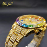 Luxury Gold Stainless Steel Iced Bracelet Purple CZ Diamonds 3 Dial Watches