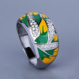 Elegant Fashion Leaf AAA Zircon Diamonds Green Handmade Enamel Silver Ring