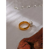 18K Gold Plated  Fashion Stainless Steel Geometric Elegant Shell Pearl Ring Charm Jewellery