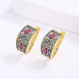 Exquisite Gold Inlaid AAA Red Zircon Crystal Handmade Enamel Two-tone Earrings