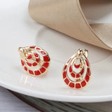 14K Gold Filled Geometric Blue, Red Plaid Paint Enamel Drop Circle Fashion Earrings