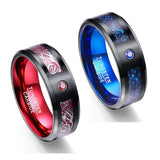 New 8mm Tungsten Celtic Dragons Red Green Blue Carbon Fiber Tungsten Ring - Comfort Fit Wedding Rings - The Jewellery Supermarket