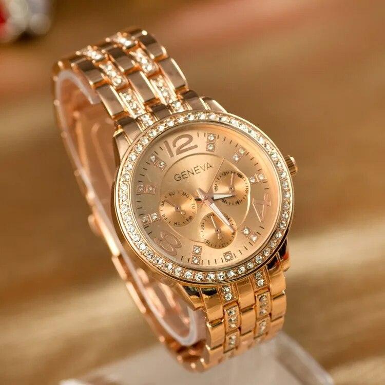 New Arrival Luxury Geneva Brand Women Gold Stainless Steel Quartz Rhinestone Crystals Casual Wrist Watches - The Jewellery Supermarket