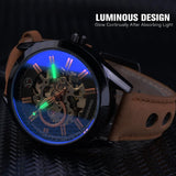 New Top Brand Blue Light Glass Casual Leather Military Automatic Mechanical Wrist Skeleton Luminous Watch  - The Jewellery Supermarket