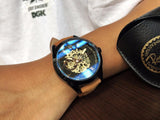 New Top Brand Blue Light Glass Casual Leather Military Automatic Mechanical Wrist Skeleton Luminous Watch  - The Jewellery Supermarket