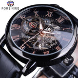 NEW  Luxury Brand3d Logo Design Hollow Engraving Black Gold Case Leather Skeleton Mechanical Watches - The Jewellery Supermarket