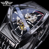 New Black Skeleton Mechanical Watches Triangle Automatic Stainless Steel Irregular  Transparent Back Case Wristwatch