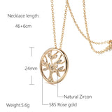 Elegant Tree of Life Shining Leaf Rolled 14K Rose Gold AAA Zircon Diamonds Necklaces  - Fine Jewellery