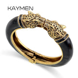 Unique Design Trendy Double Leopard Head Enamel Statement Cuff Bracelets Bangles, Gold Plated Animal Vintage Bracelet