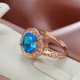 New Fashion Ethnic Hollow Flower Design Rolled 14K Rose Gold Big Blue AAA Zircon Diamonds Ring - Fine Jewellery