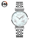 New Elegant Dragonfly Design White Oyster Pearl Shell Scallop Dial Quartz Ladies Watch Stainless Steel Women Watches