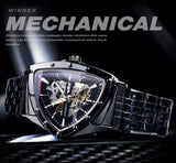 New Black Skeleton Mechanical Watches Triangle Automatic Stainless Steel Irregular  Transparent Back Case Wristwatch